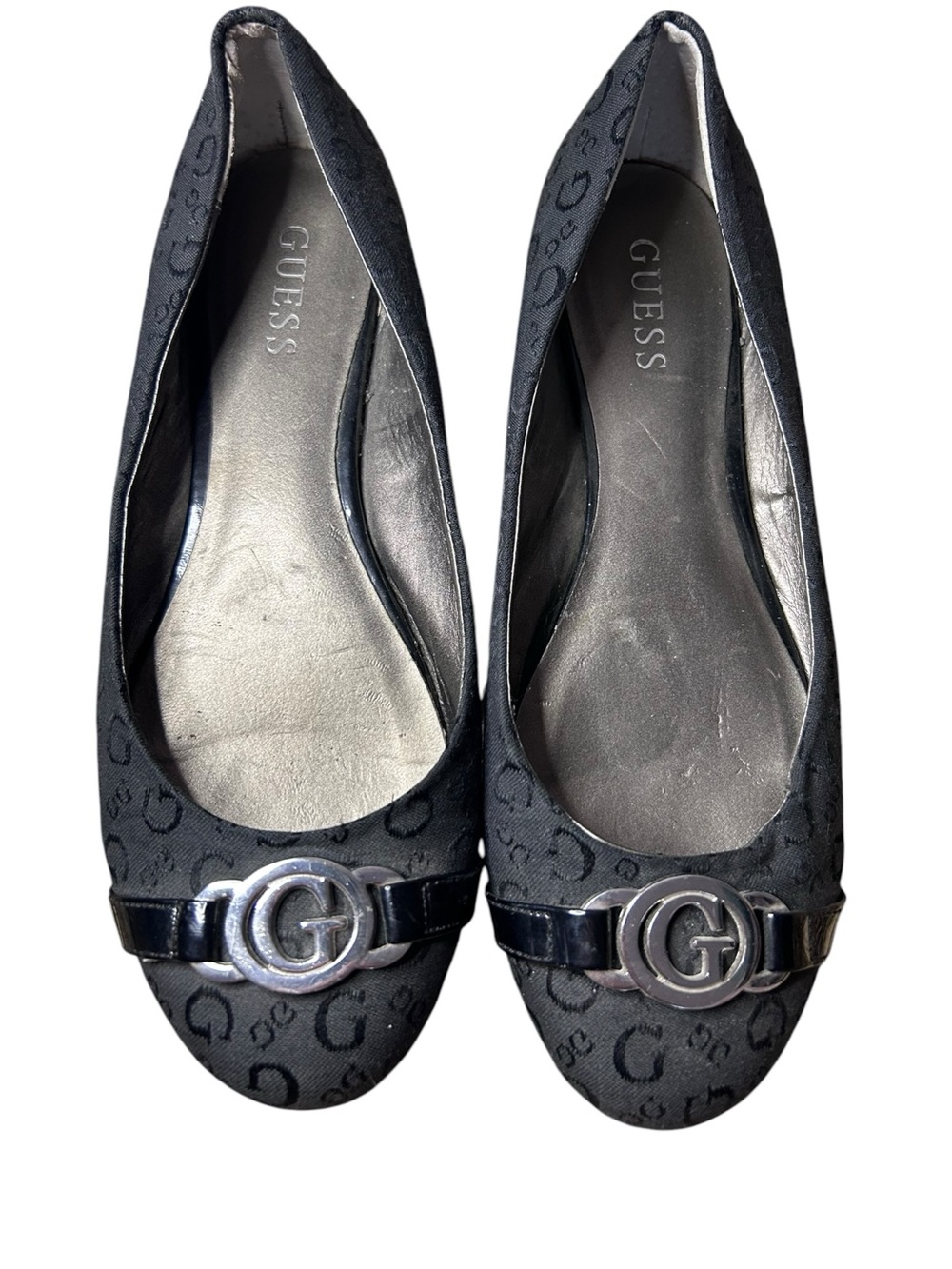 GUESS Black Logo Ballet Flats with Silver G Hardware